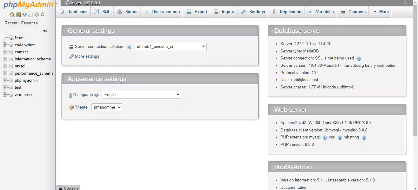 phpMyAdmin Dashboard