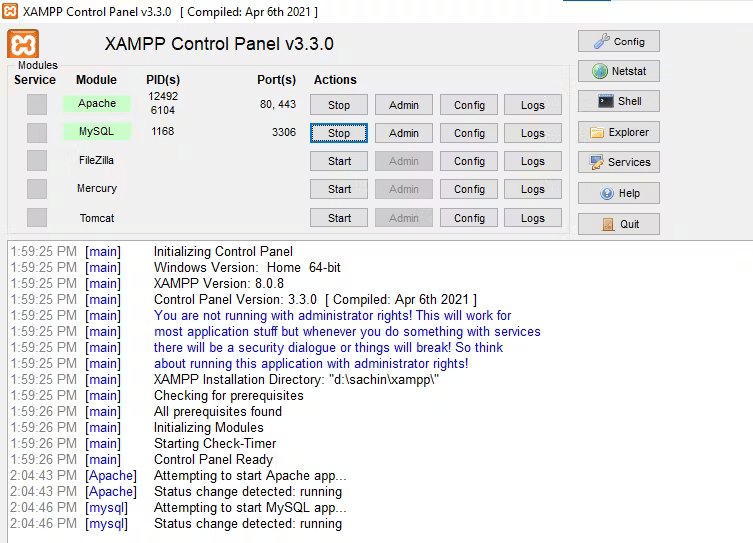 Starting Server and SQL Database using XAMPP